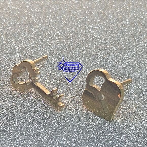 Gold Titanium Lock and Key Stud Pushback Earrings. - Picture 5 of 14